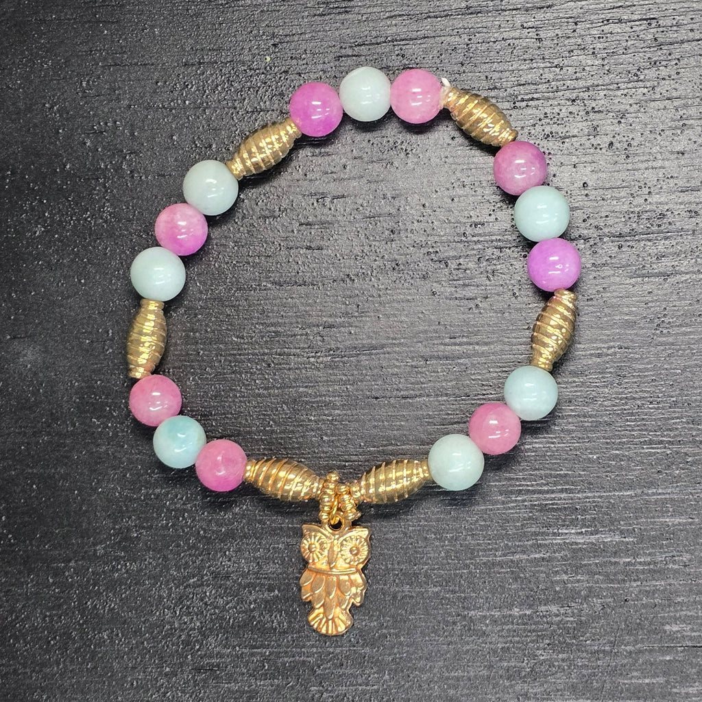 Bracelets | African Jade and Kunzite Bracelet w Owl Charm