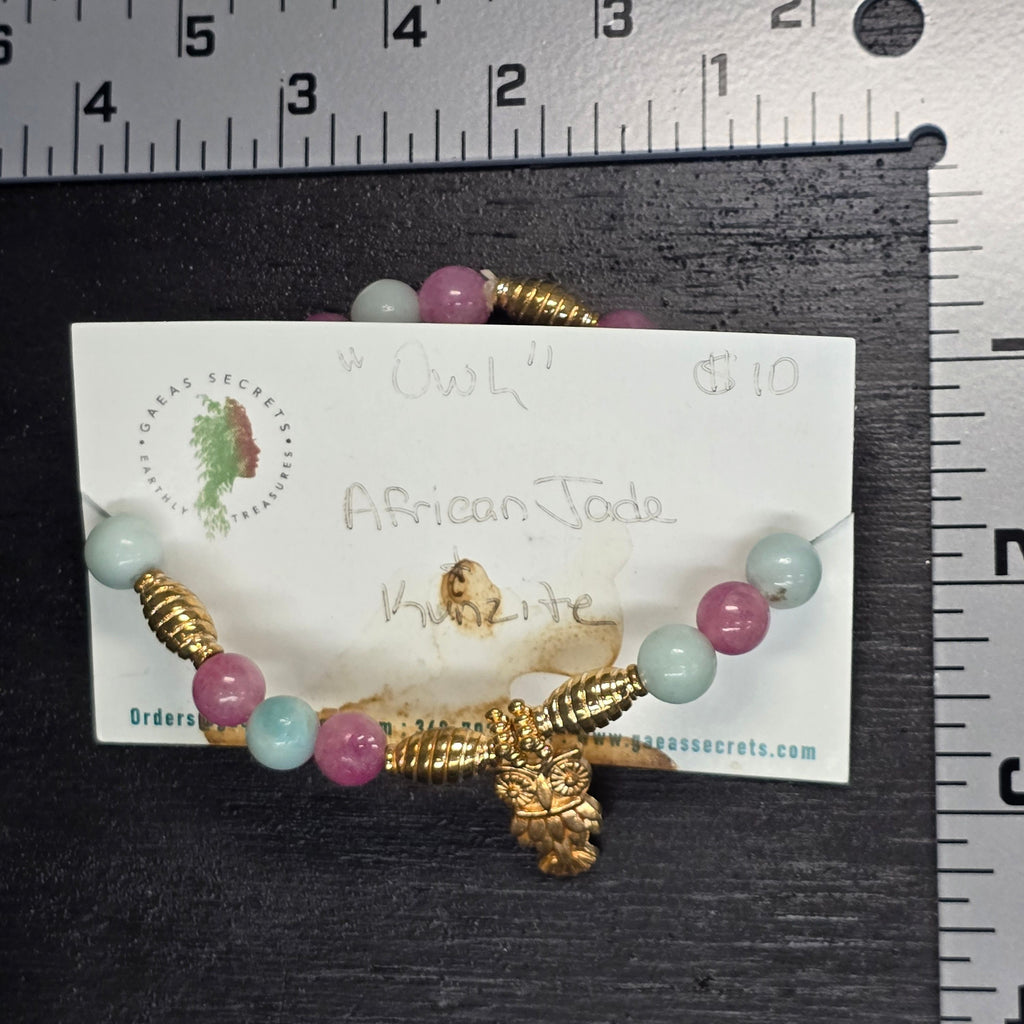 Bracelets | African Jade and Kunzite Bracelet w Owl Charm